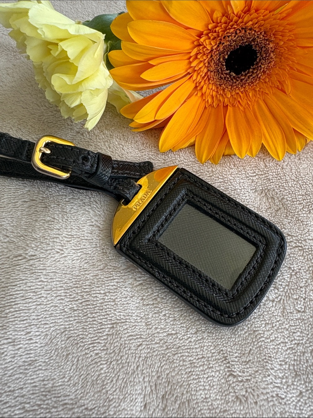 Prada Black Saffiano Leather Tag with Gold Hardware